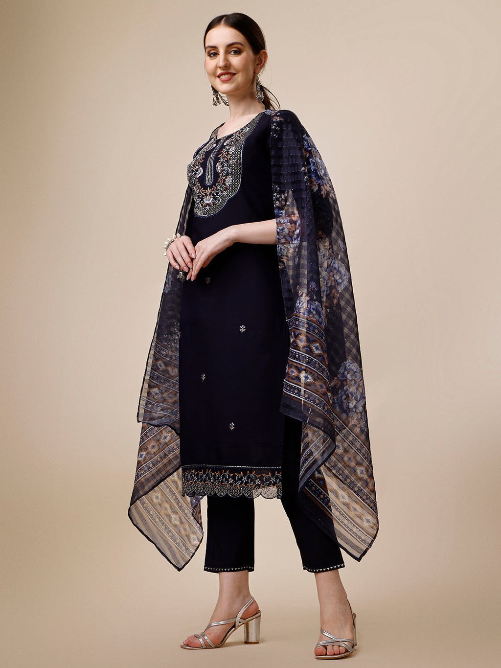 Hand Embroidered Kurta With Pant And Organza Printed Dupatta Set, Multicolor - Hiral Fashion | Grocsy