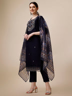 Hand Embroidered Kurta With Pant And Organza Printed Dupatta Set, Multicolor - Hiral Fashion | Grocsy