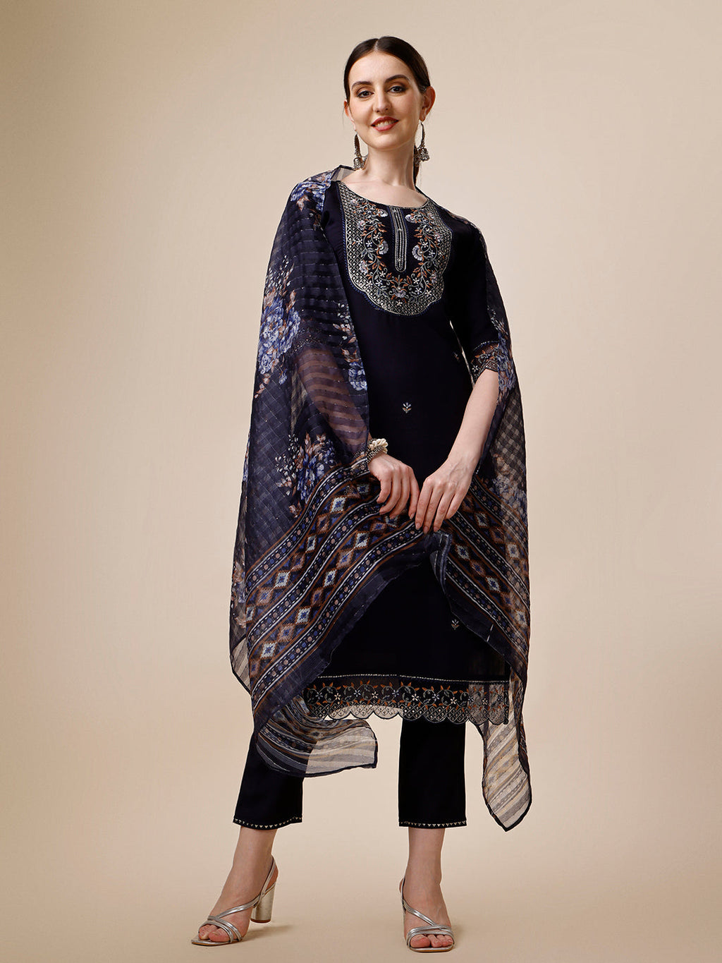 Hand Embroidered Kurta With Pant And Organza Printed Dupatta Set, Multicolor - Hiral Fashion | Grocsy