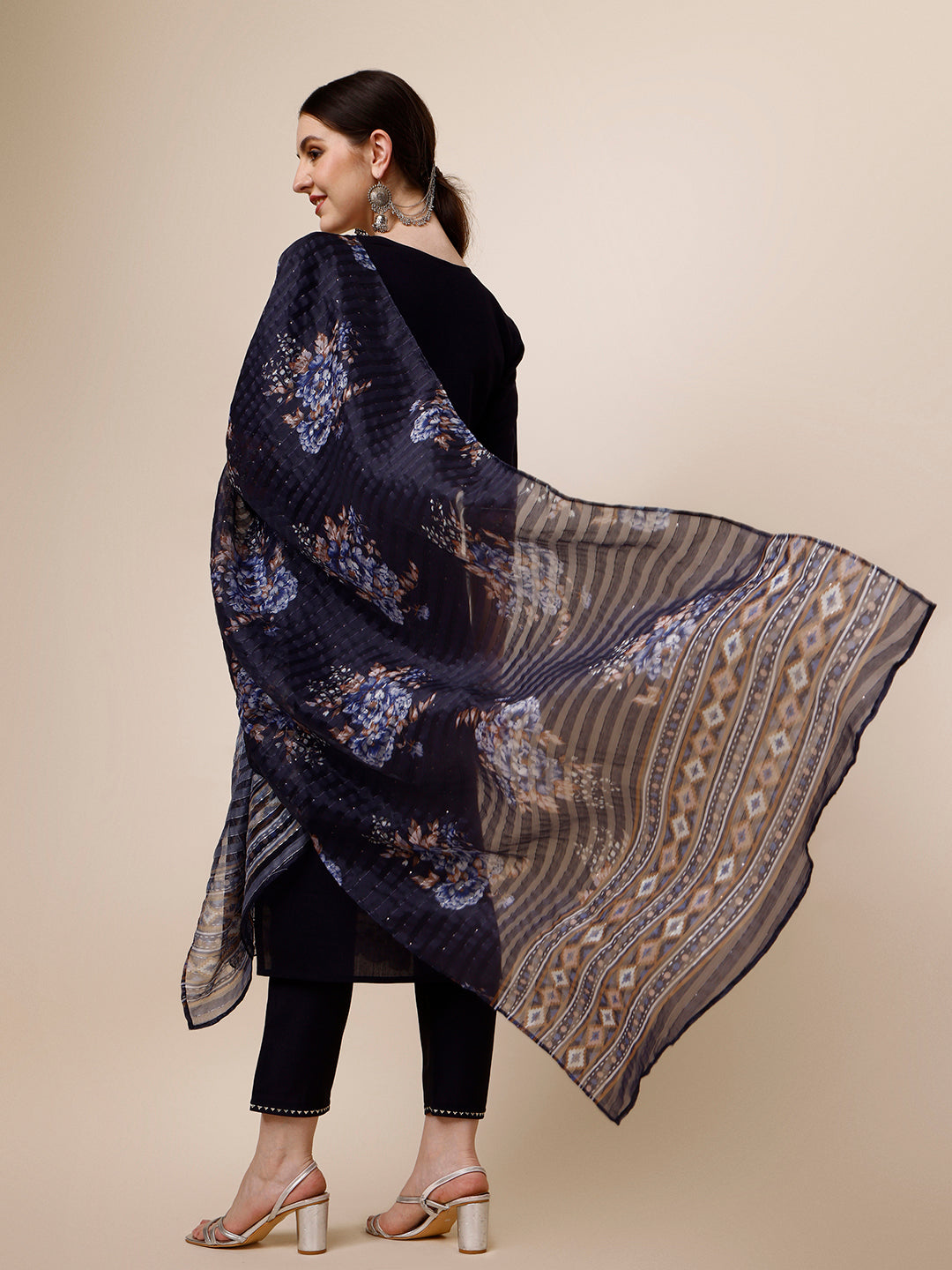 Hand Embroidered Kurta With Pant And Organza Printed Dupatta Set, Multicolor - Hiral Fashion | Grocsy