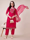 Embroidered Kurta With Pant And Printed Organza Dupatta, Multicolor - Hiral Fashion | Grocsy