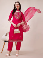 Embroidered Kurta With Pant And Printed Organza Dupatta, Multicolor - Hiral Fashion | Grocsy