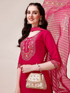Embroidered Kurta With Pant And Printed Organza Dupatta, Multicolor - Hiral Fashion | Grocsy