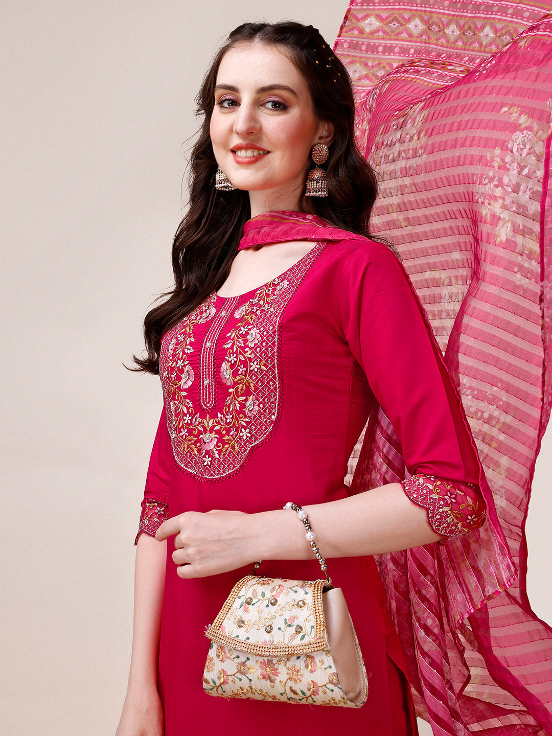 Embroidered Kurta With Pant And Printed Organza Dupatta, Multicolor - Hiral Fashion | Grocsy