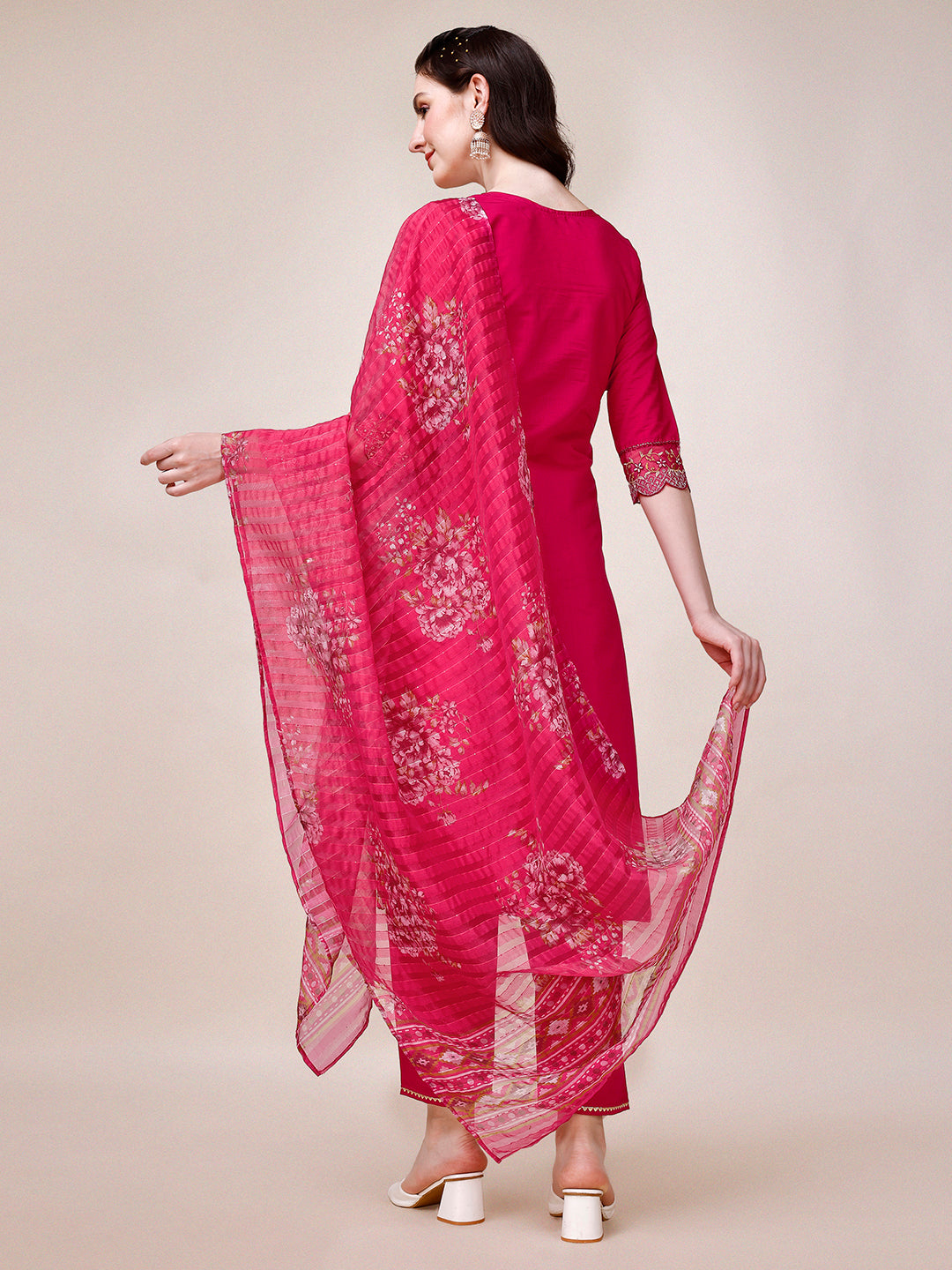 Embroidered Kurta With Pant And Printed Organza Dupatta, Multicolor - Hiral Fashion | Grocsy