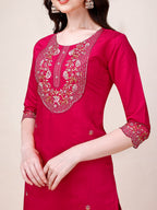 Embroidered Kurta With Pant And Printed Organza Dupatta, Multicolor - Hiral Fashion | Grocsy