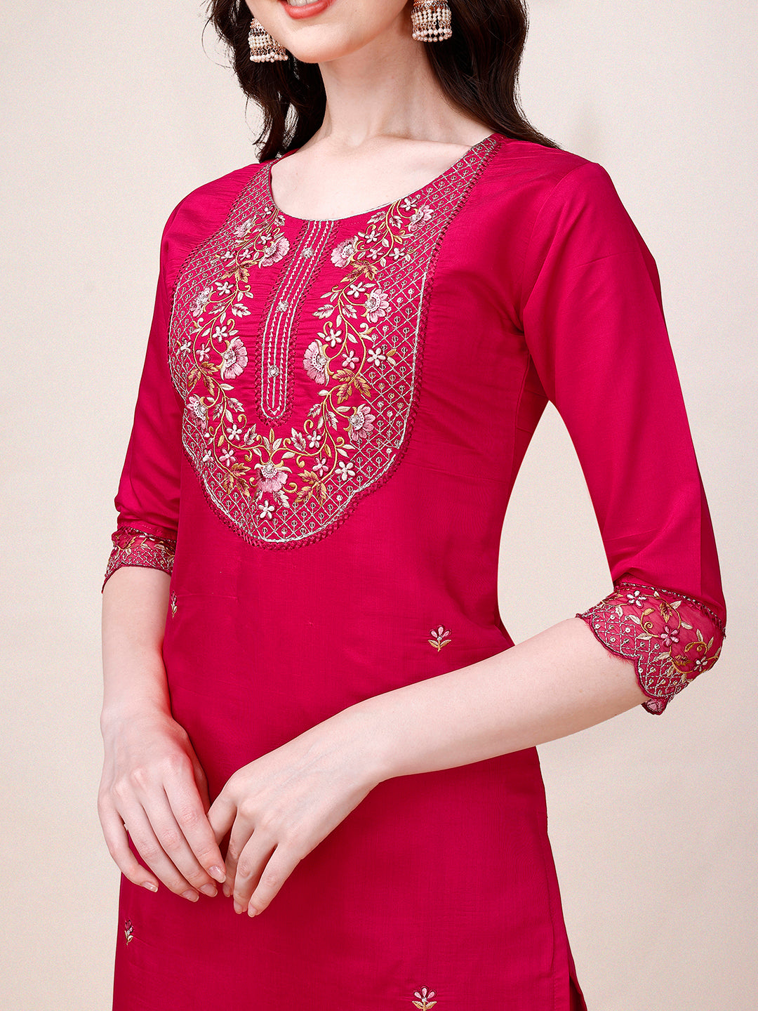 Embroidered Kurta With Pant And Printed Organza Dupatta, Multicolor - Hiral Fashion | Grocsy