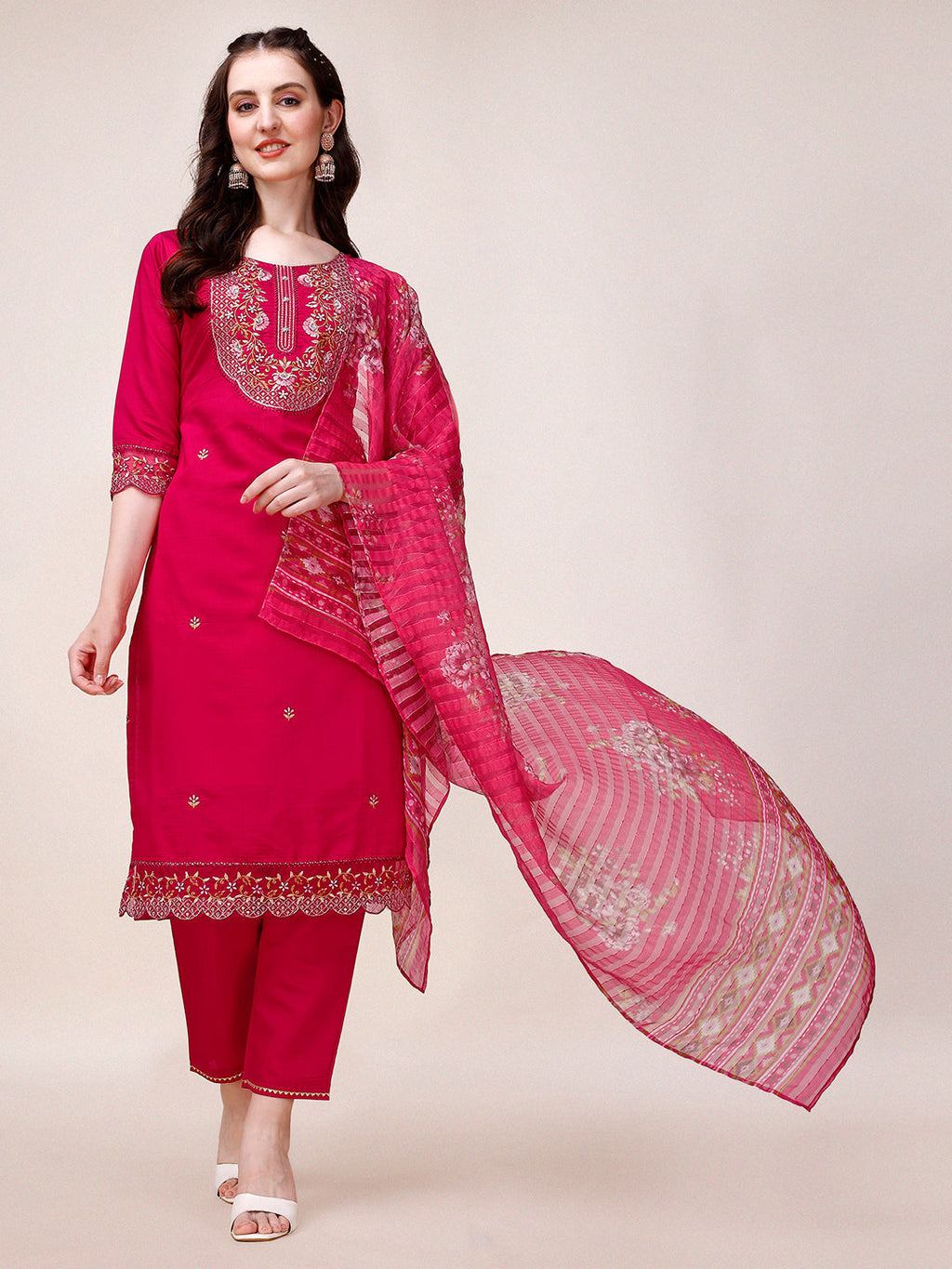 Embroidered Kurta With Pant And Printed Organza Dupatta, Multicolor - Hiral Fashion | Grocsy