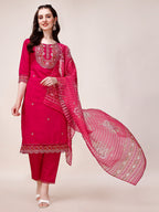 Embroidered Kurta With Pant And Printed Organza Dupatta, Multicolor - Hiral Fashion | Grocsy
