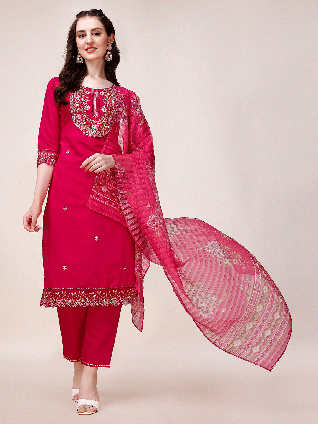 Embroidered Kurta With Pant And Printed Organza Dupatta, Multicolor - Hiral Fashion | Grocsy
