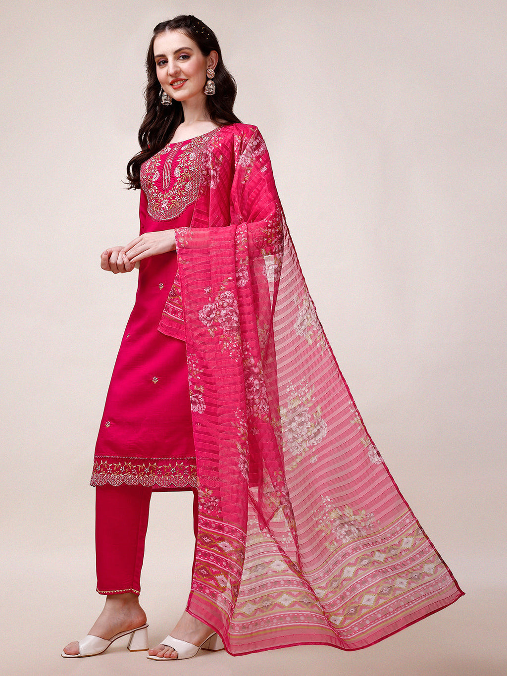 Embroidered Kurta With Pant And Printed Organza Dupatta, Multicolor - Hiral Fashion | Grocsy