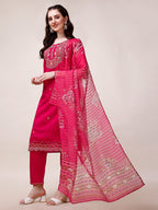 Embroidered Kurta With Pant And Printed Organza Dupatta, Multicolor - Hiral Fashion | Grocsy