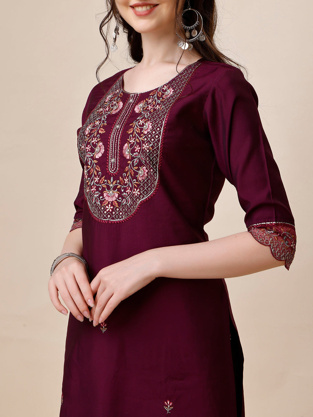 Hand Embroidered Kurta With Pant And Organza Printed Dupatta Set, Multicolor - Hiral Fashion | Grocsy