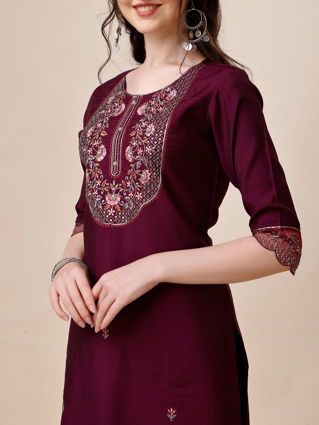 Hand Embroidered Kurta With Pant And Organza Printed Dupatta Set, Multicolor - Hiral Fashion | Grocsy