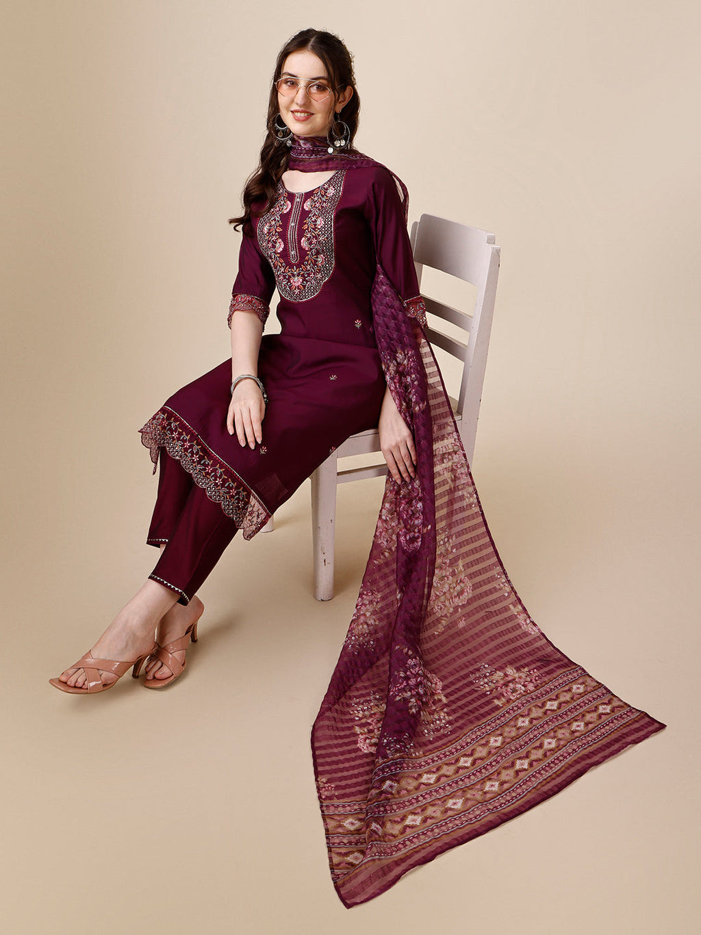 Hand Embroidered Kurta With Pant And Organza Printed Dupatta Set, Multicolor - Hiral Fashion | Grocsy