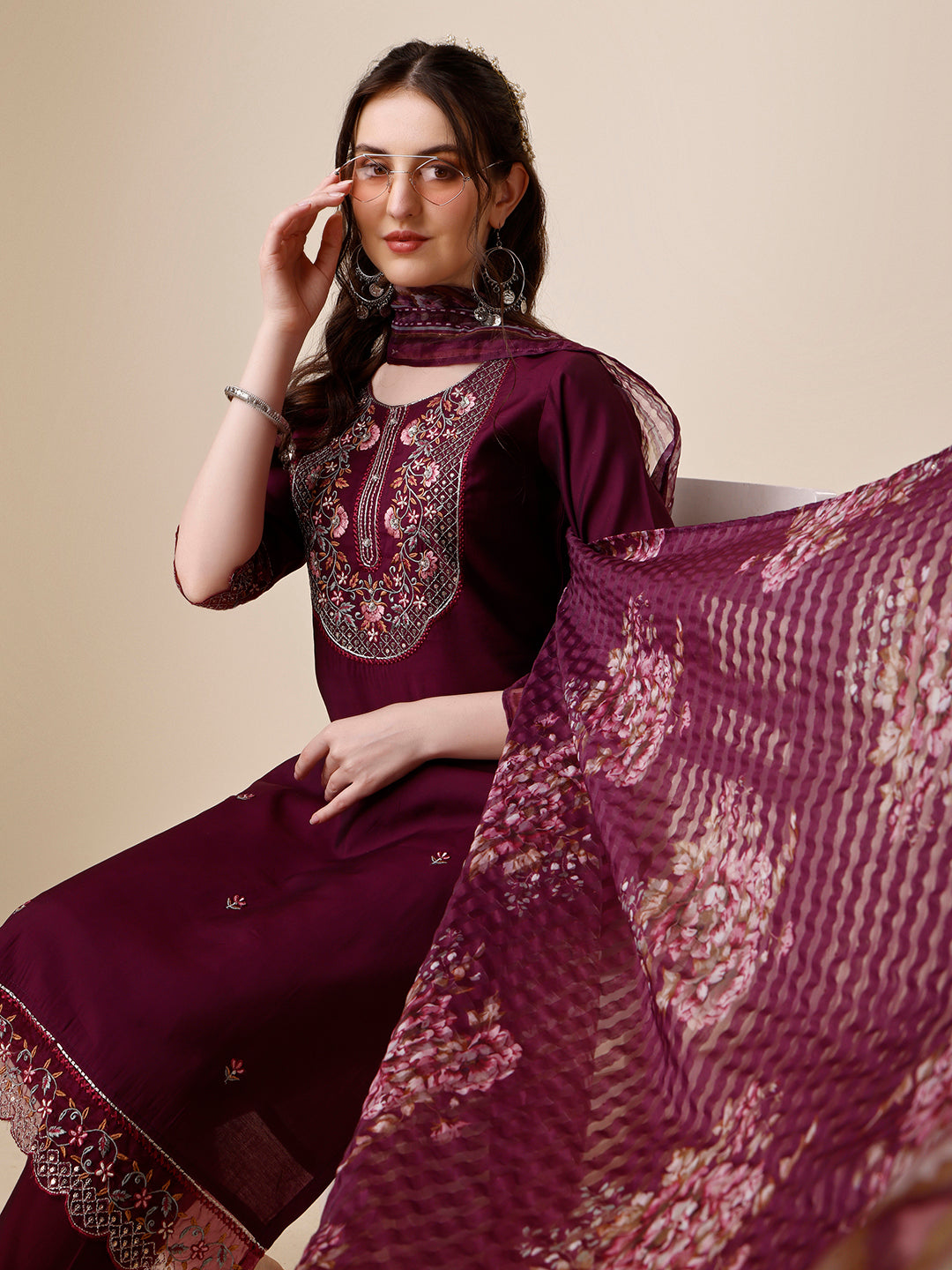 Hand Embroidered Kurta With Pant And Organza Printed Dupatta Set, Multicolor - Hiral Fashion | Grocsy