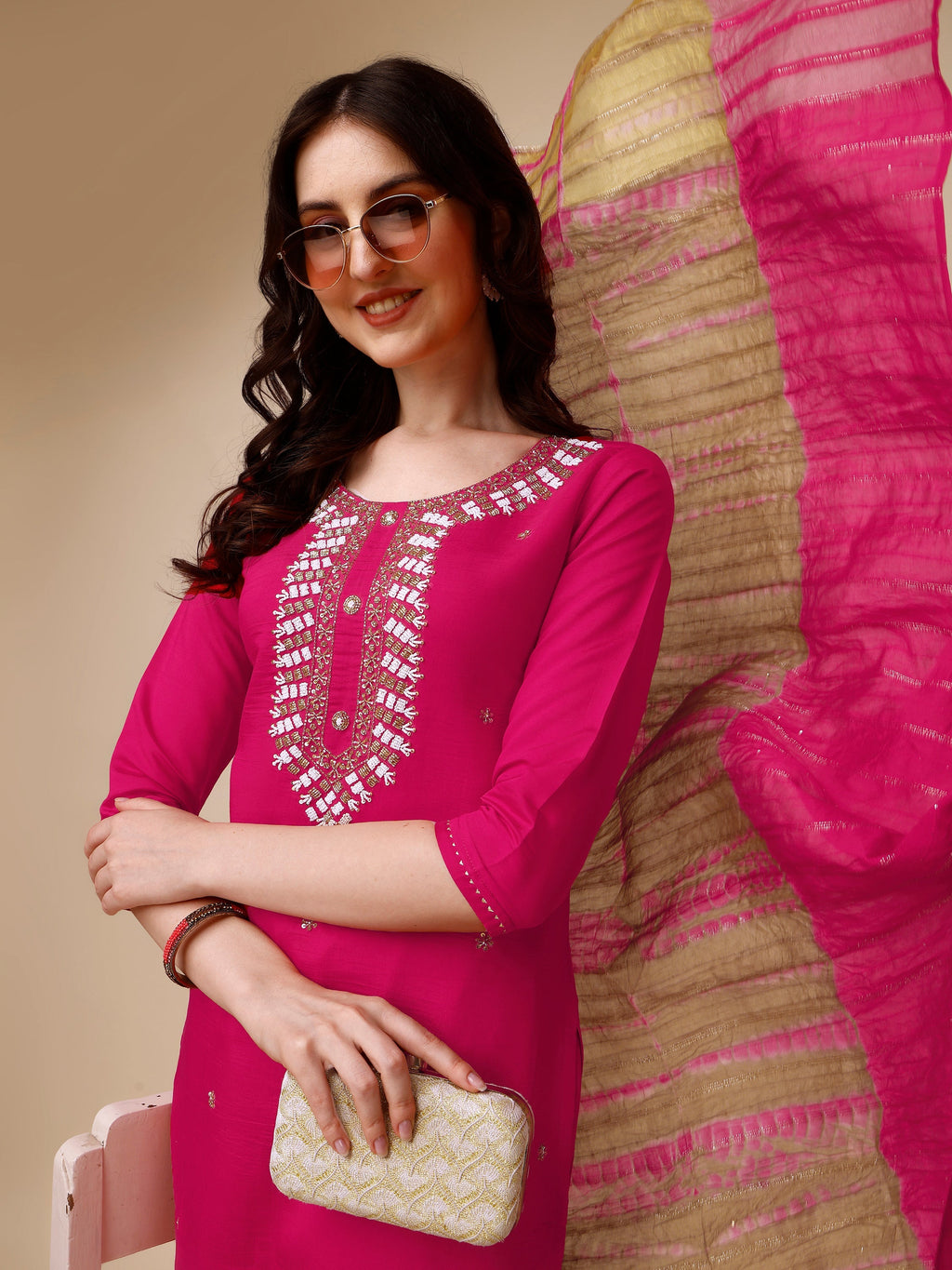 Hand Embroidered Kurta With Pant And Dupatta Set, Multicolor - Hiral Fashion | Grocsy