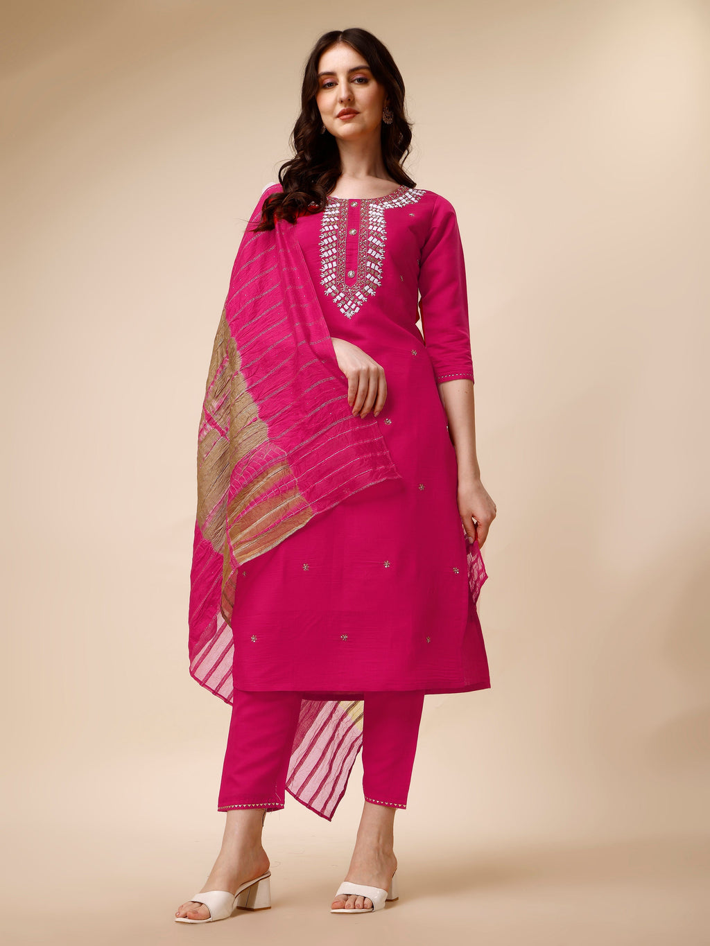 Hand Embroidered Kurta With Pant And Dupatta Set, Multicolor - Hiral Fashion | Grocsy