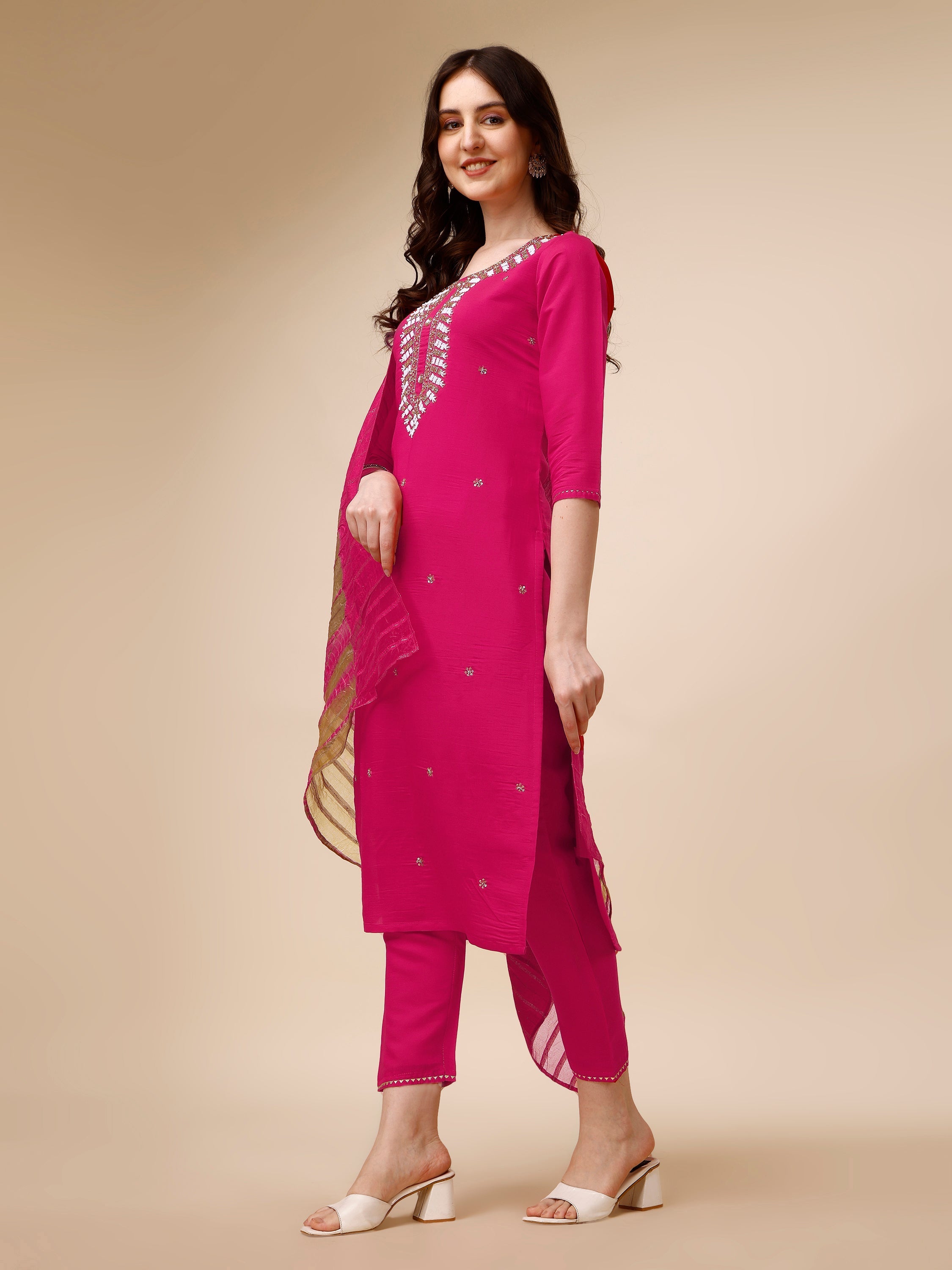 Hand Embroidered Kurta With Pant And Dupatta Set, Multicolor - Hiral Fashion | Grocsy