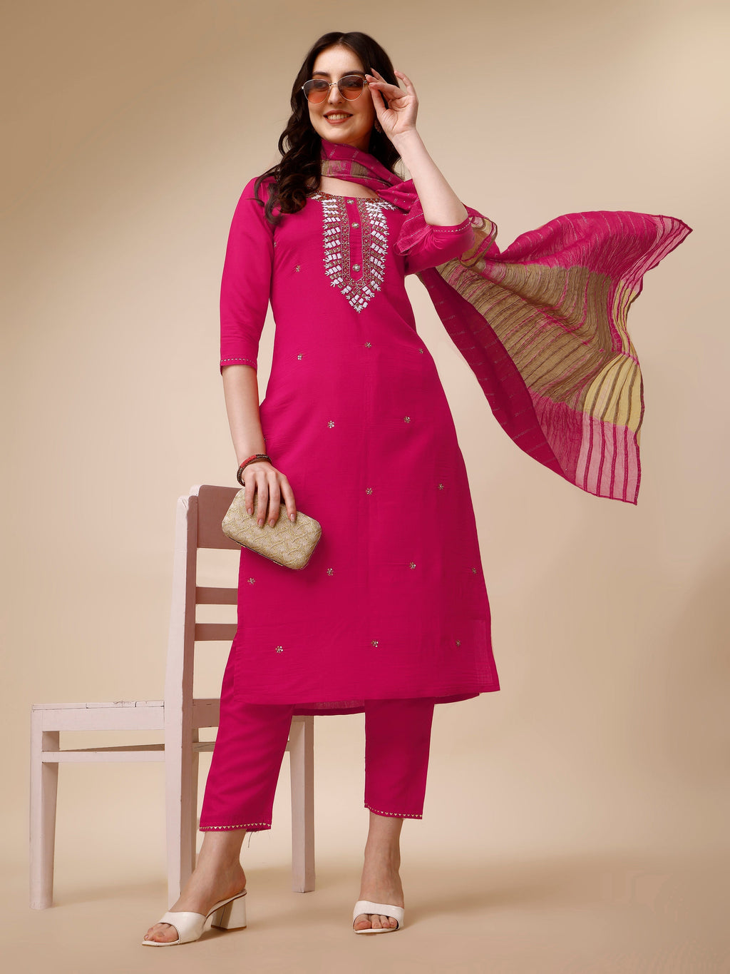 Hand Embroidered Kurta With Pant And Dupatta Set, Multicolor - Hiral Fashion | Grocsy