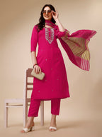 Hand Embroidered Kurta With Pant And Dupatta Set, Multicolor - Hiral Fashion | Grocsy