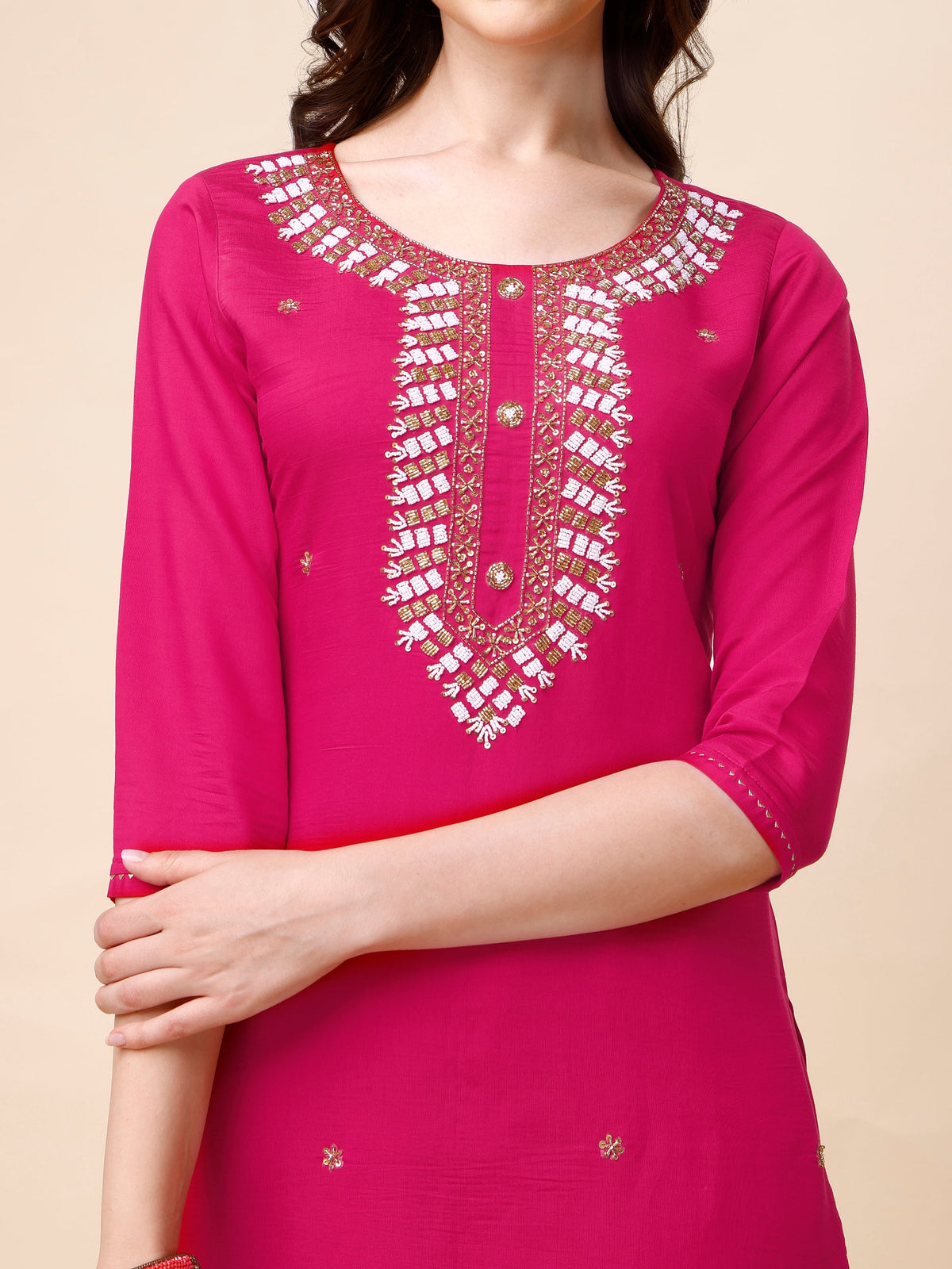Hand Embroidered Kurta With Pant And Dupatta Set, Multicolor - Hiral Fashion | Grocsy