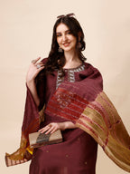 Hand Embroidered Kurta With Pant And Dupatta Set, Multicolor - Hiral Fashion | Grocsy