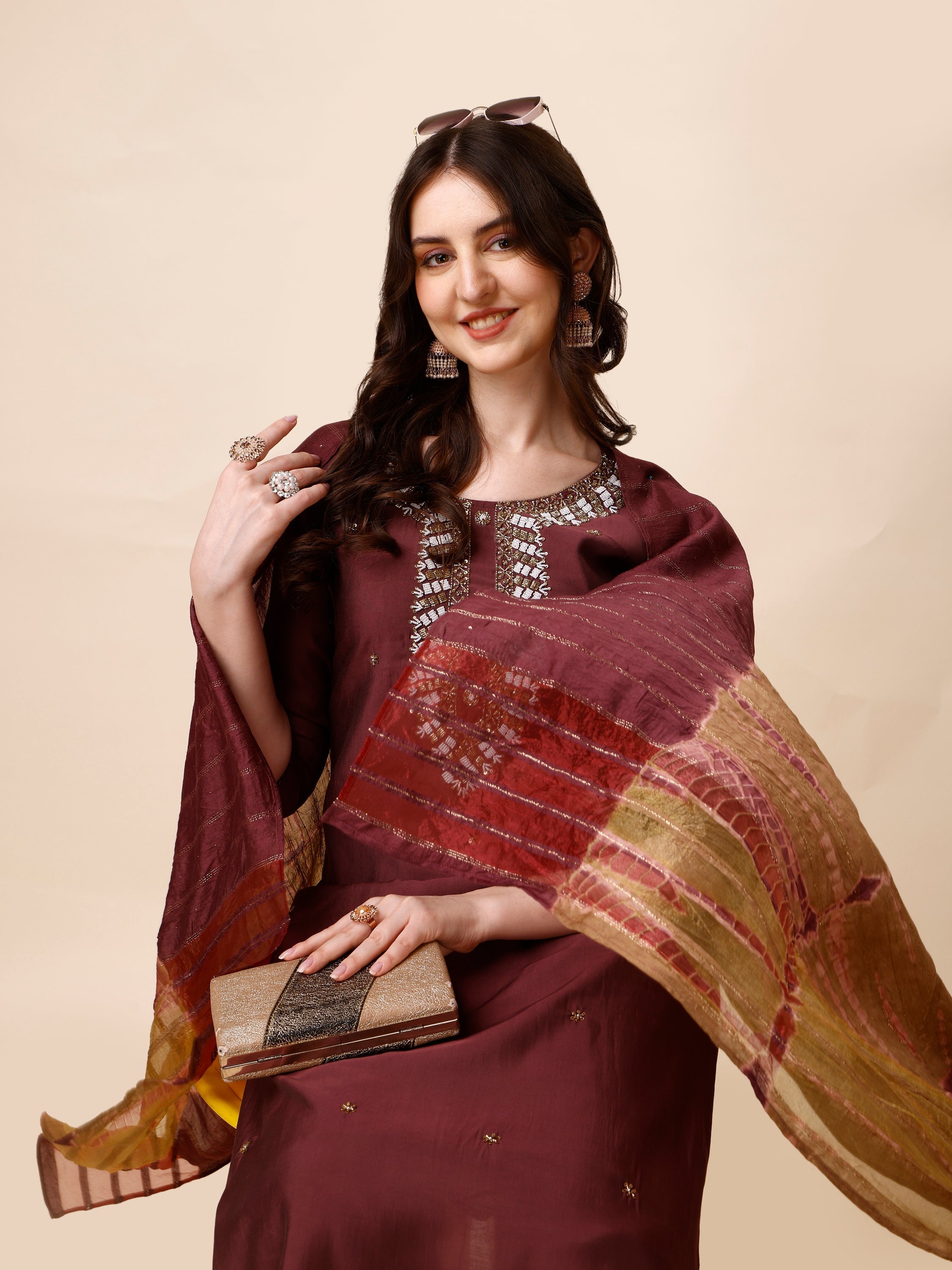 Hand Embroidered Kurta With Pant And Dupatta Set, Multicolor - Hiral Fashion | Grocsy