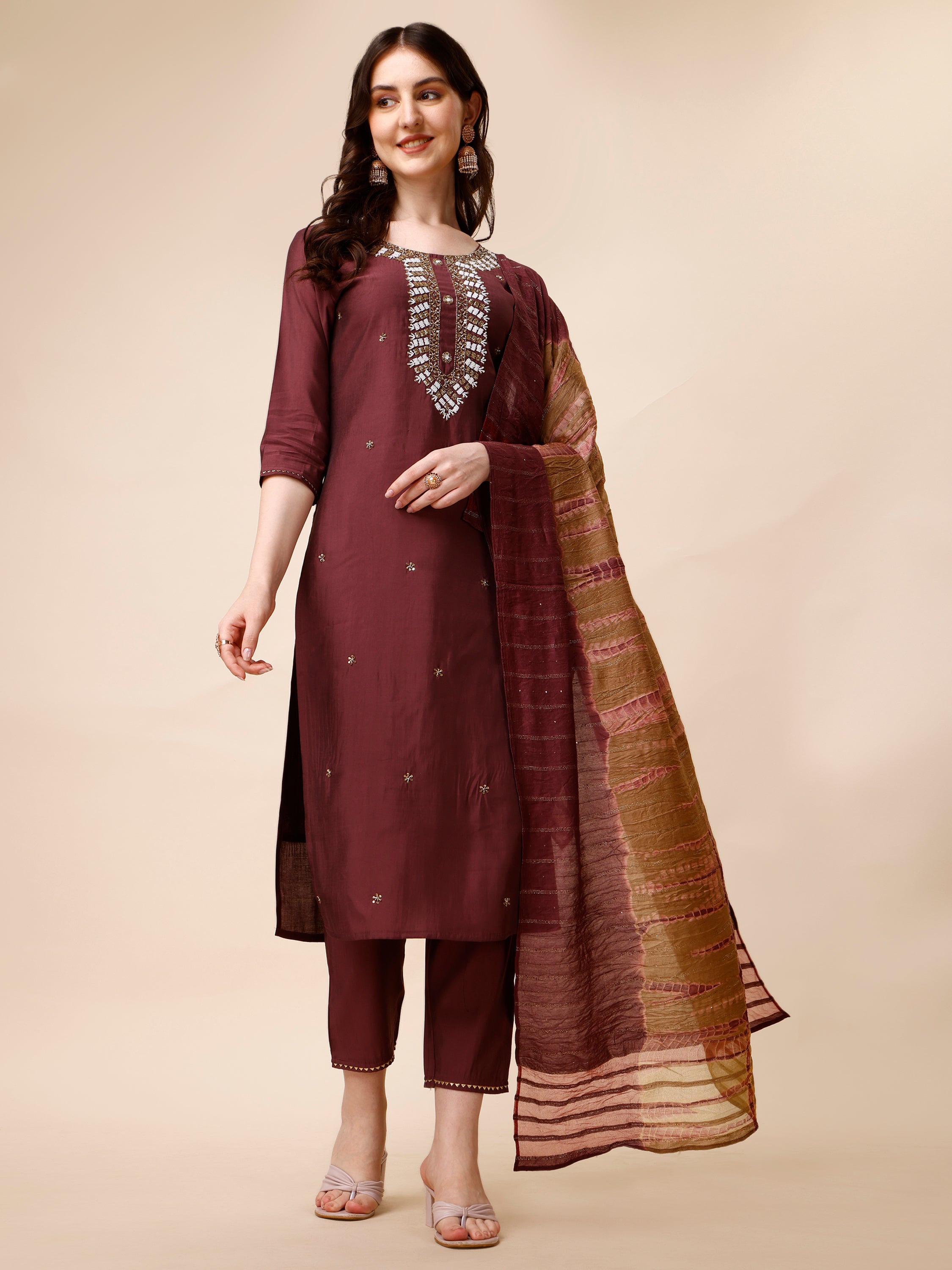Hand Embroidered Kurta With Pant And Dupatta Set, Multicolor - Hiral Fashion | Grocsy