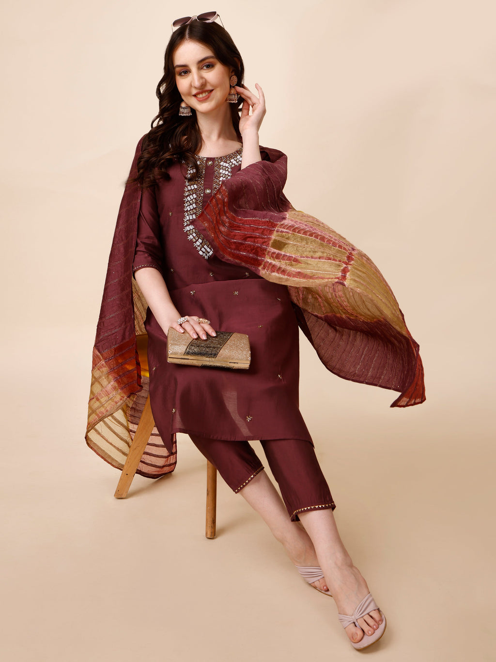 Hand Embroidered Kurta With Pant And Dupatta Set, Multicolor - Hiral Fashion | Grocsy
