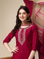 Hand Embroidered Kurta With Pant And Dupatta Set, Multicolor - Hiral Fashion | Grocsy