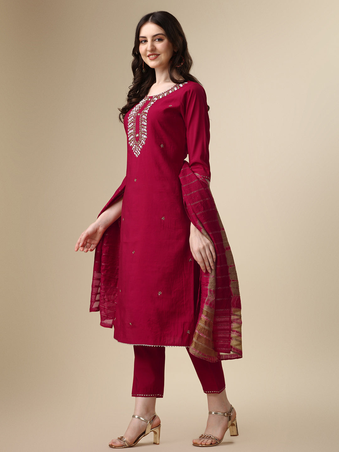 Hand Embroidered Kurta With Pant And Dupatta Set, Multicolor - Hiral Fashion | Grocsy
