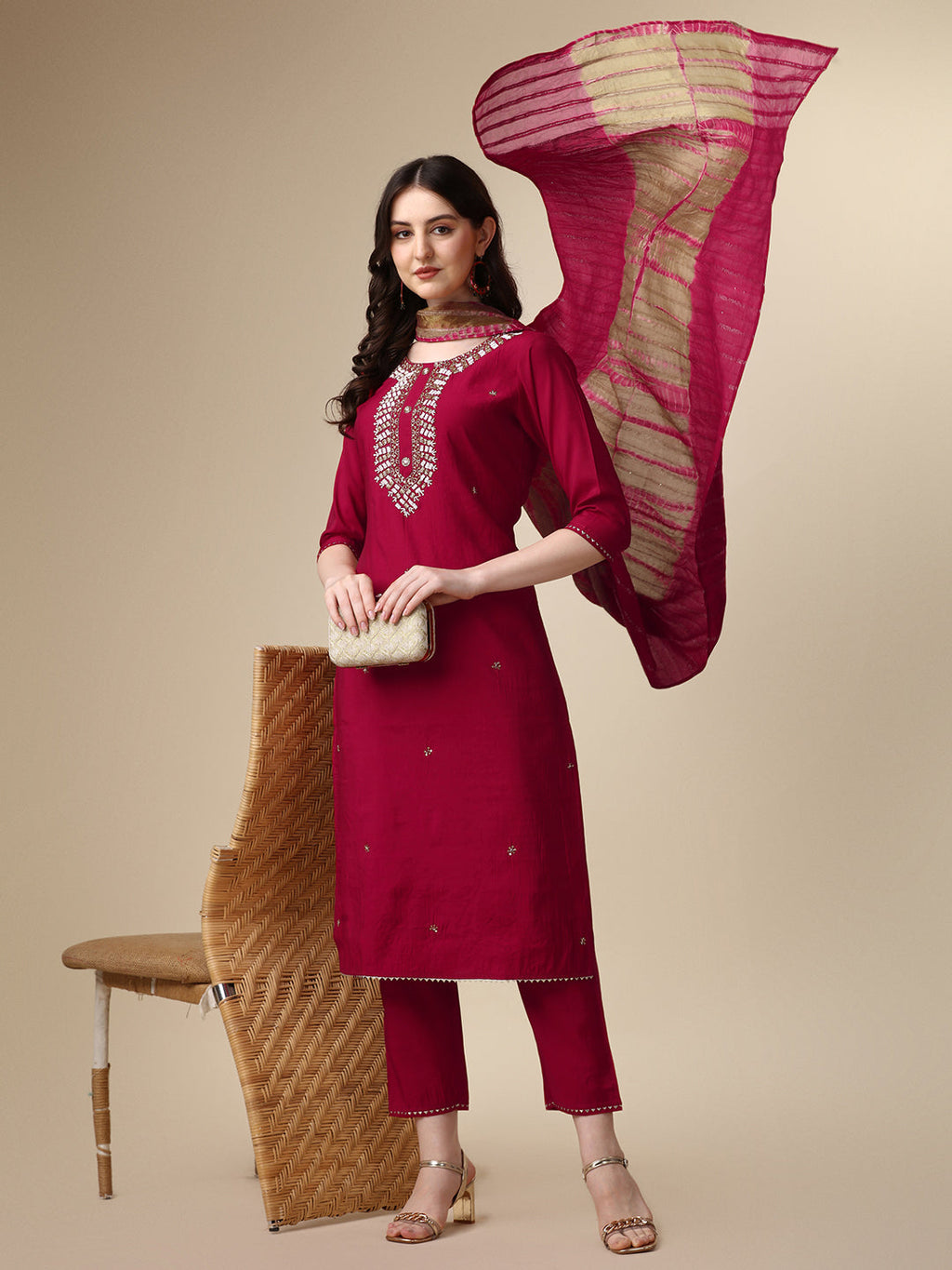 Hand Embroidered Kurta With Pant And Dupatta Set, Multicolor - Hiral Fashion | Grocsy