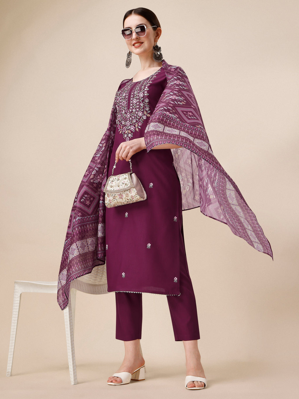 Embroidered Kurta With Pant & Printed Dupatta, Multicolor - Hiral Fashion | Grocsy