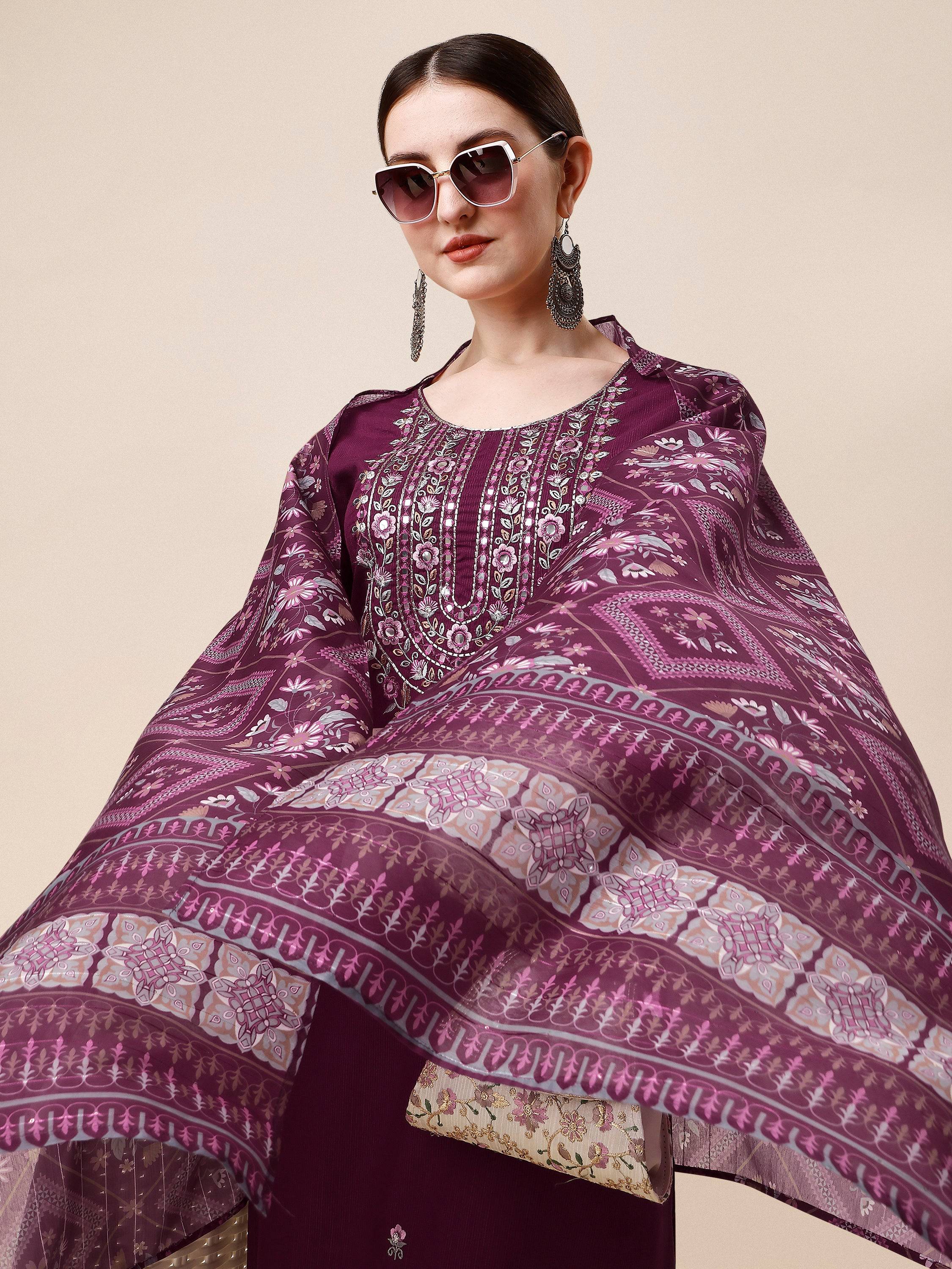 Embroidered Kurta With Pant & Printed Dupatta, Multicolor - Hiral Fashion | Grocsy