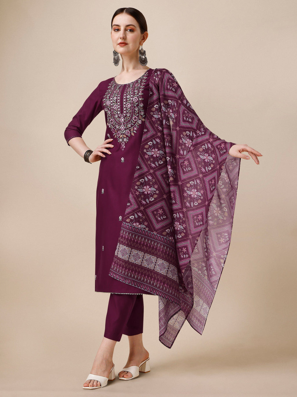 Embroidered Kurta With Pant & Printed Dupatta, Multicolor - Hiral Fashion | Grocsy