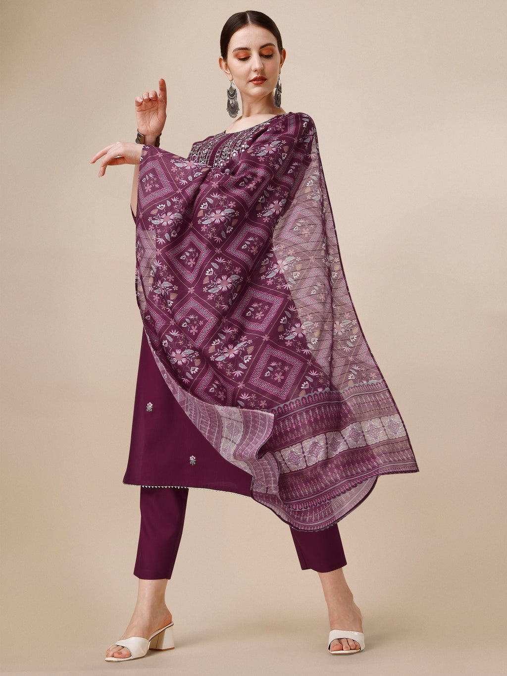 Embroidered Kurta With Pant & Printed Dupatta, Multicolor - Hiral Fashion | Grocsy