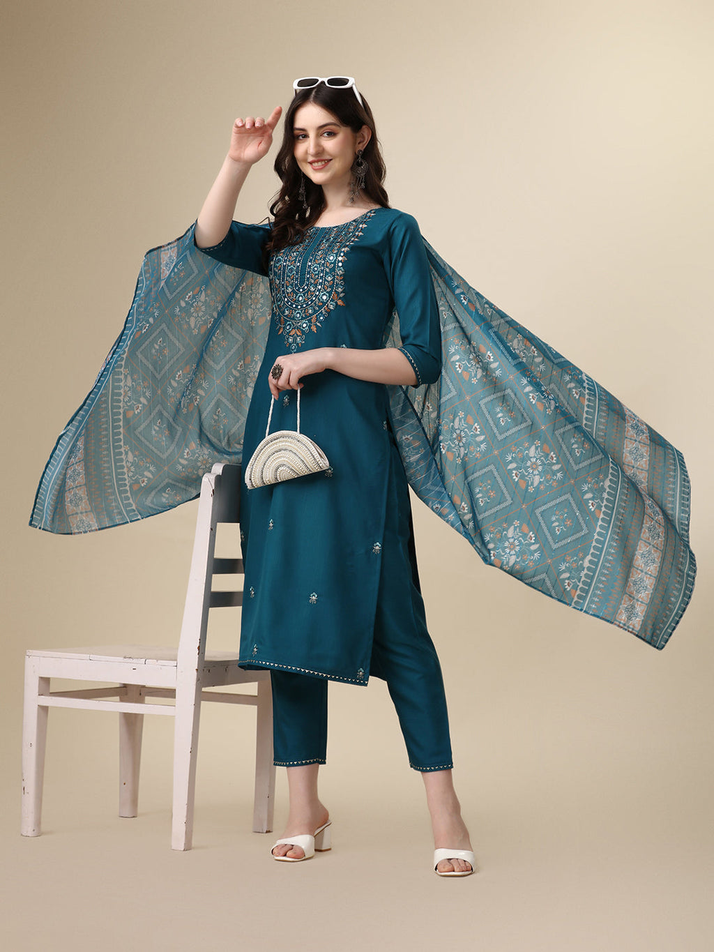 Embroidered Kurta With Pant And Printed Dupatta Set, Multicolor - Hiral Fashion | Grocsy