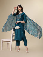 Embroidered Kurta With Pant And Printed Dupatta Set, Multicolor - Hiral Fashion | Grocsy