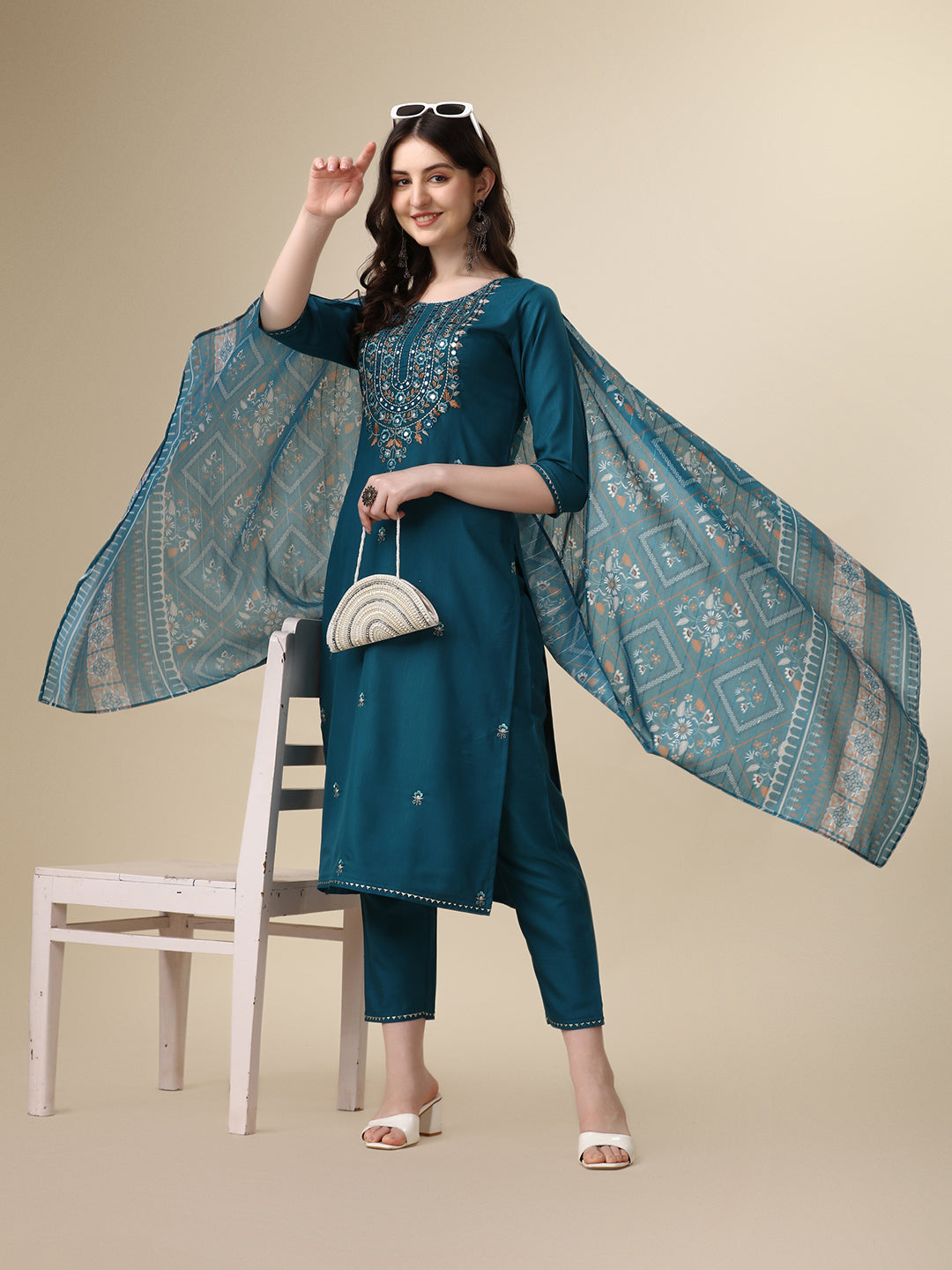 Embroidered Kurta With Pant And Printed Dupatta Set, Multicolor - Hiral Fashion | Grocsy