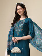 Embroidered Kurta With Pant And Printed Dupatta Set, Multicolor - Hiral Fashion | Grocsy