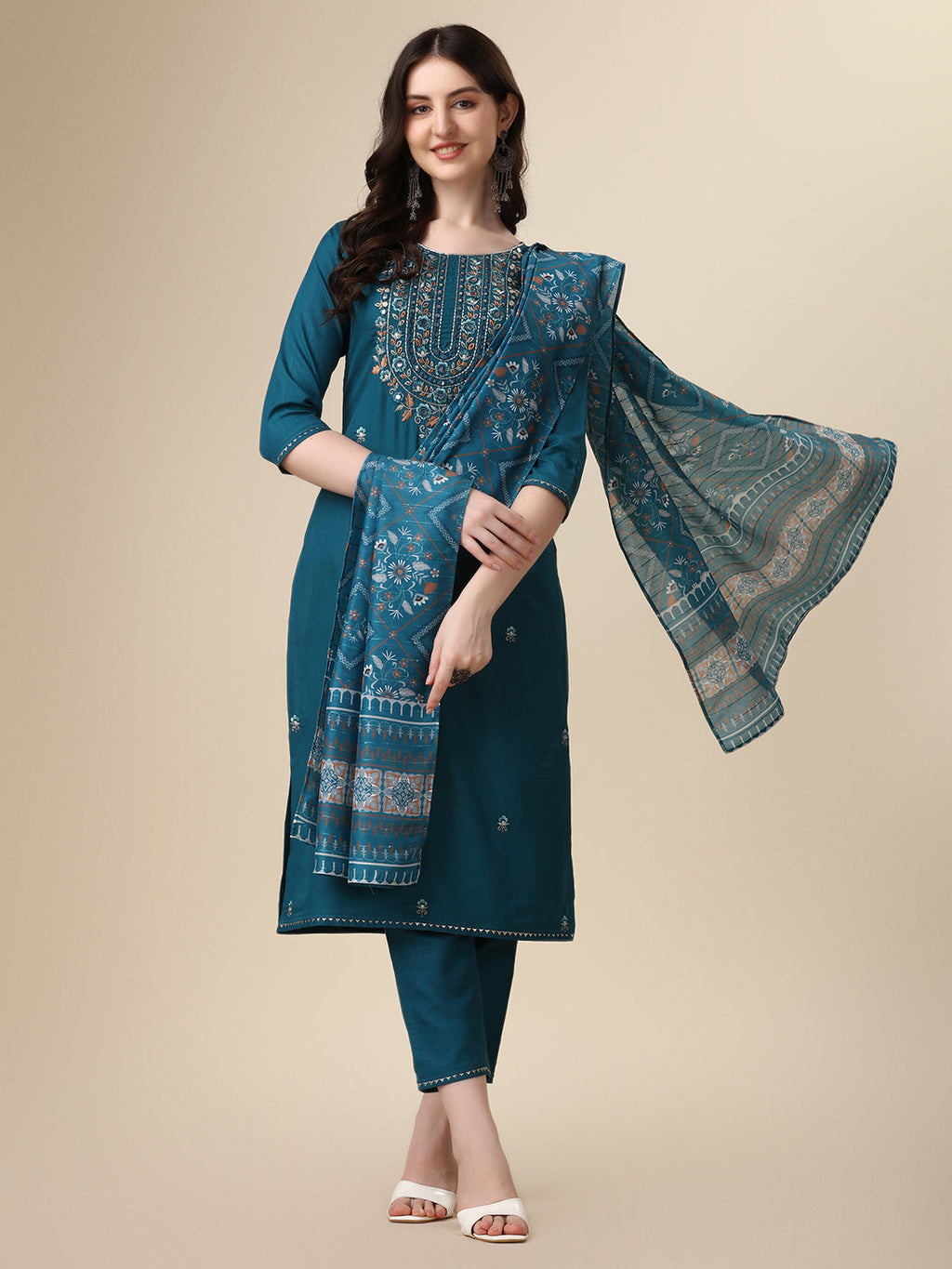 Embroidered Kurta With Pant And Printed Dupatta Set, Multicolor - Hiral Fashion | Grocsy