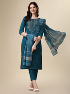 Embroidered Kurta With Pant And Printed Dupatta Set, Multicolor - Hiral Fashion | Grocsy
