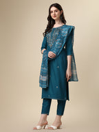 Embroidered Kurta With Pant And Printed Dupatta Set, Multicolor - Hiral Fashion | Grocsy