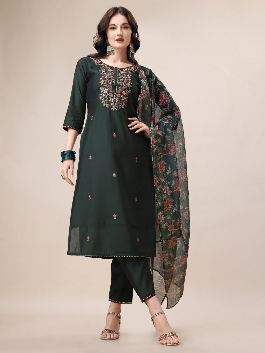 Embroidered Kurta With Pant & Dupatta Set, Multicolor - Hiral Fashion | Grocsy