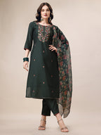 Embroidered Kurta With Pant & Dupatta Set, Multicolor - Hiral Fashion | Grocsy