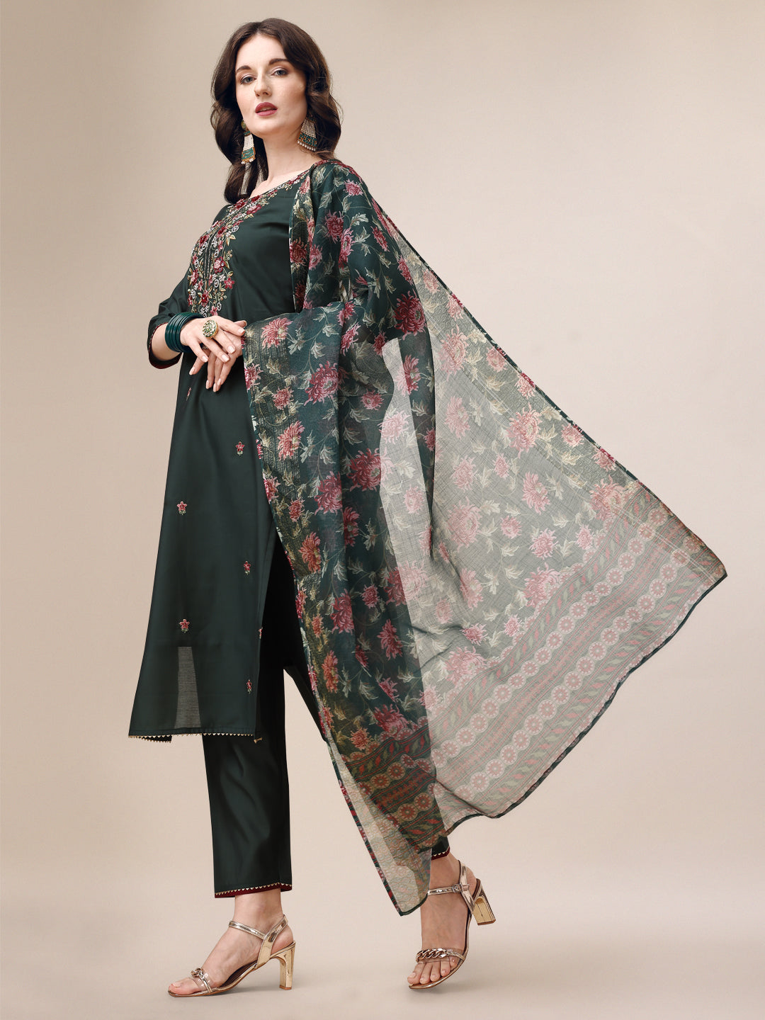 Embroidered Kurta With Pant & Dupatta Set, Multicolor - Hiral Fashion | Grocsy