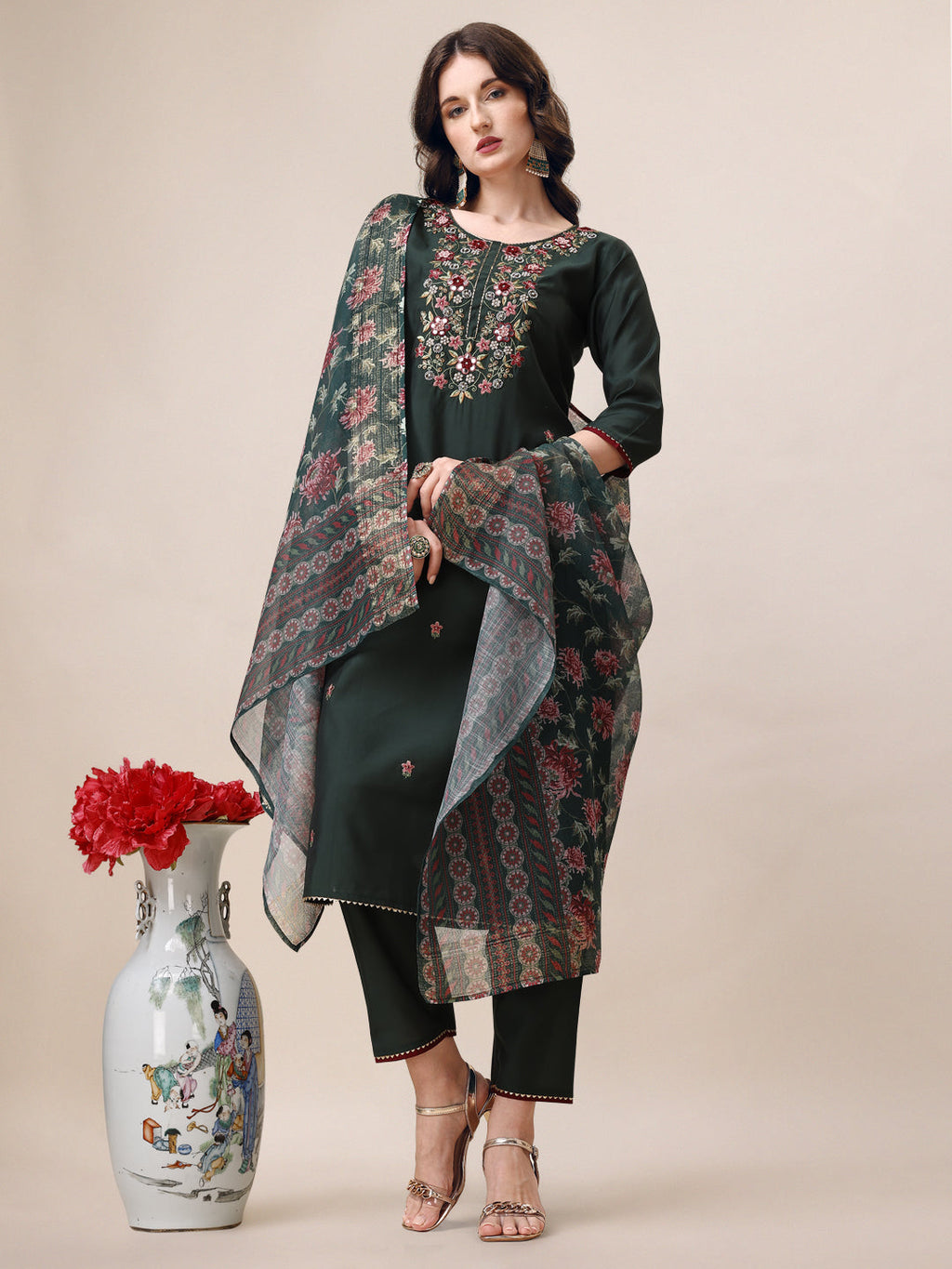 Embroidered Kurta With Pant & Dupatta Set, Multicolor - Hiral Fashion | Grocsy