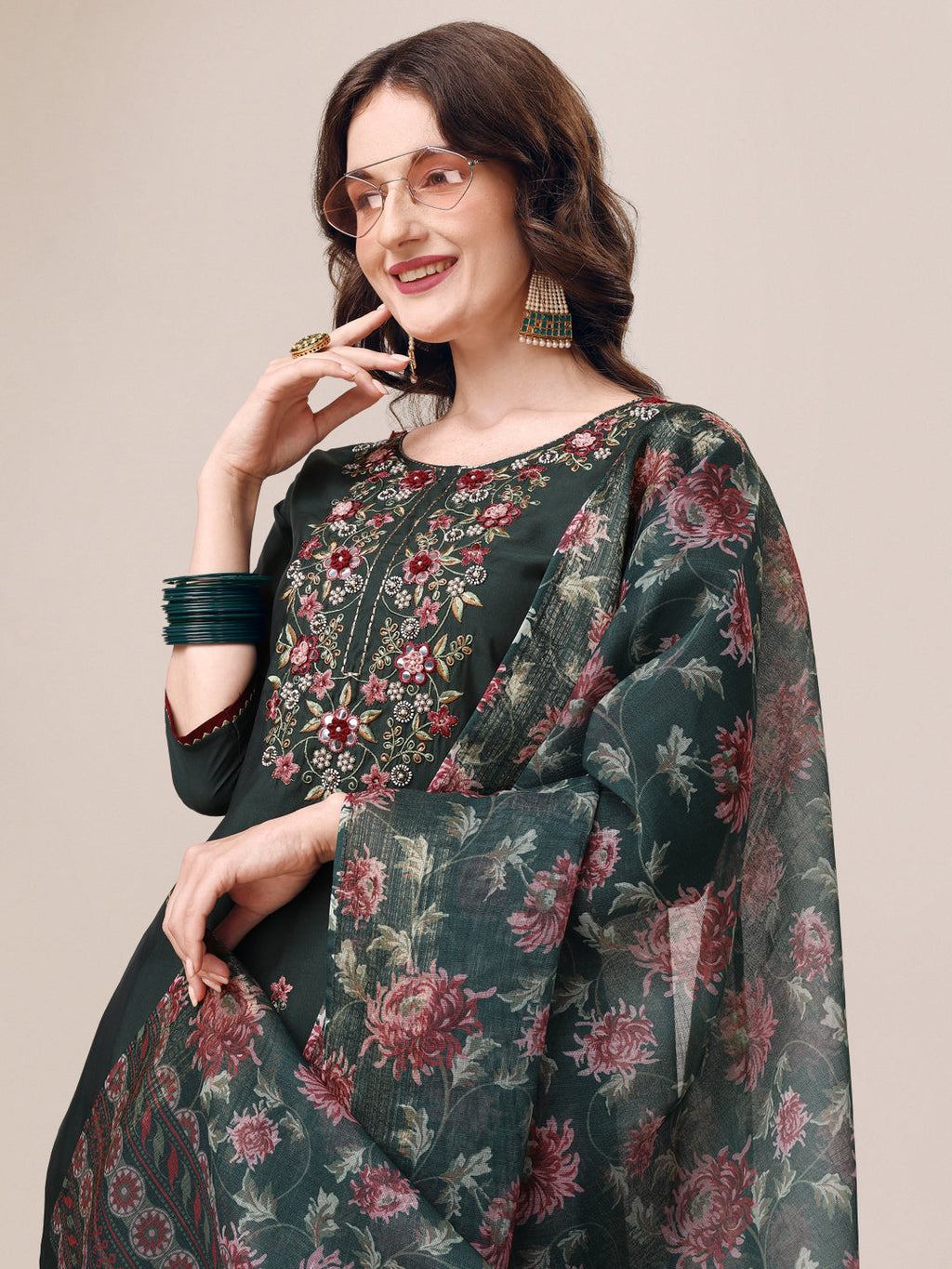 Embroidered Kurta With Pant & Dupatta Set, Multicolor - Hiral Fashion | Grocsy