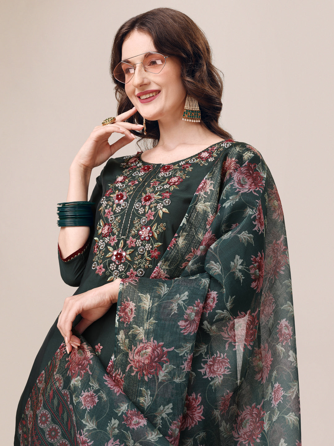 Embroidered Kurta With Pant & Dupatta Set, Multicolor - Hiral Fashion | Grocsy